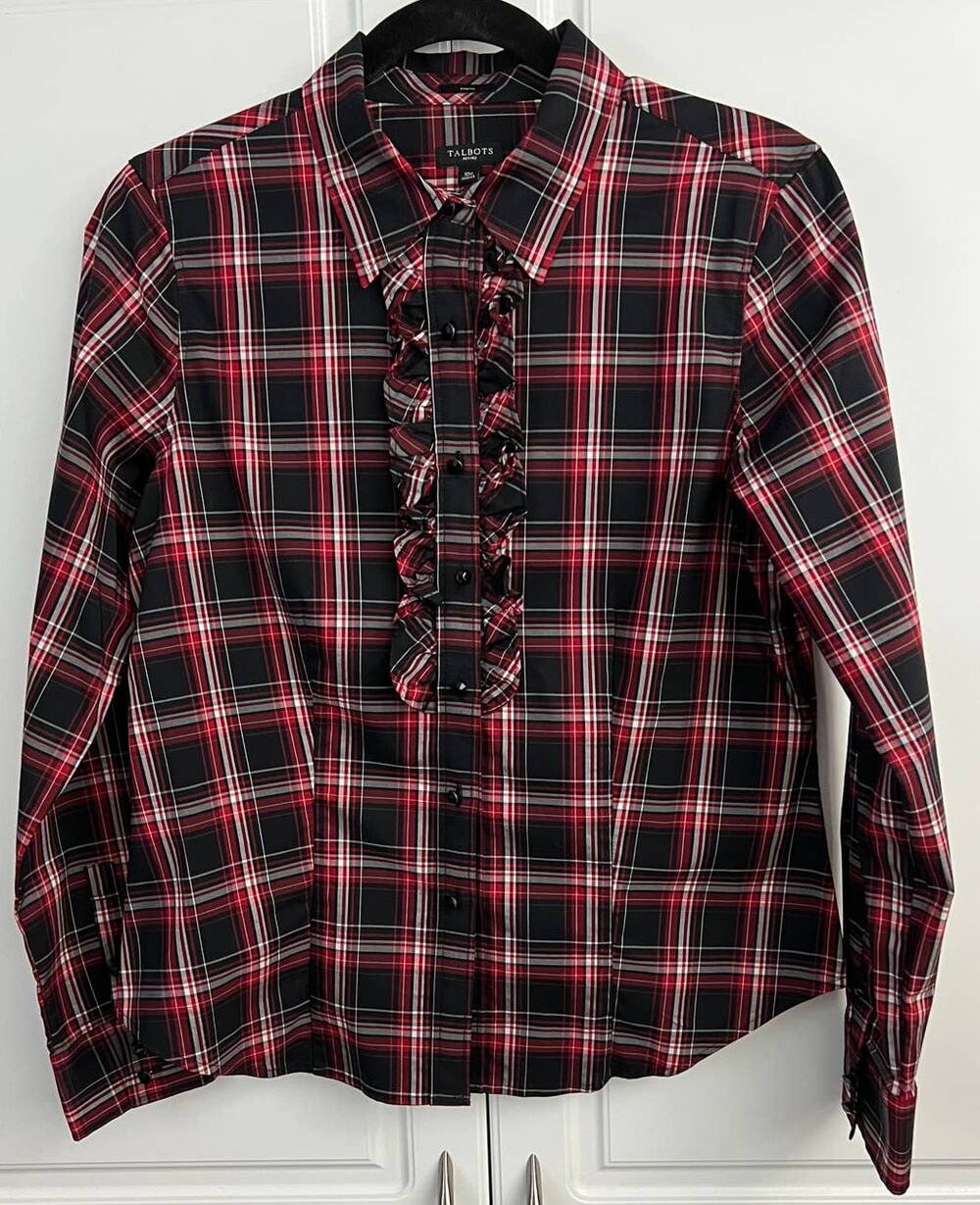 Talbots Petite Black Red White Plaid Stretch Ruffle Holiday Blouse Size 10P NWOT